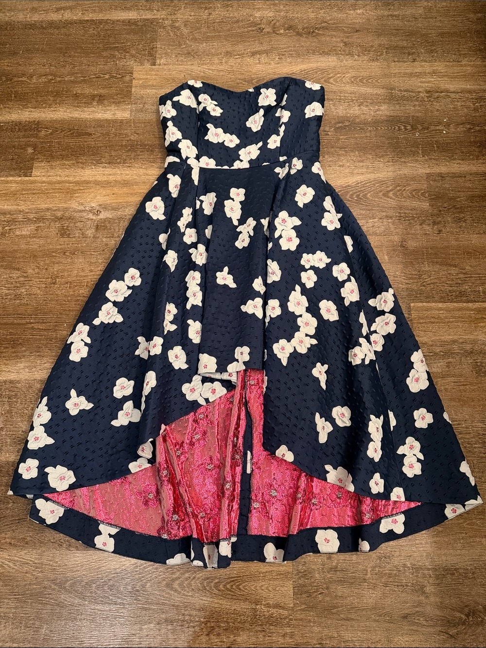 Shoshanna Navy Floral High-Low Dress with Pink Lining